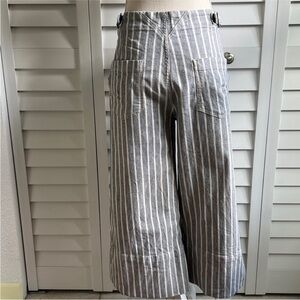Pilcro Wide-Leg Striped Linen Blend Pants in Gray and White